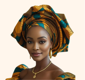 Female model wearing yellow, green, and brown gele