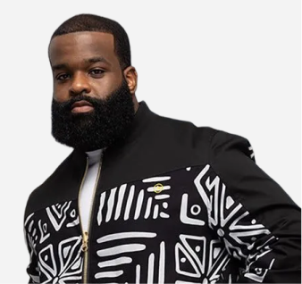 Male model wearing black jacket with white geometric patterns