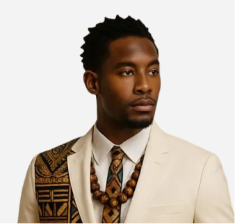 Male model wearing cream-colored suit