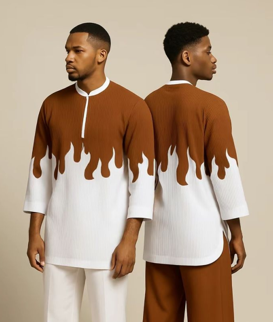 Two male models wearing brown and white patterned shirts